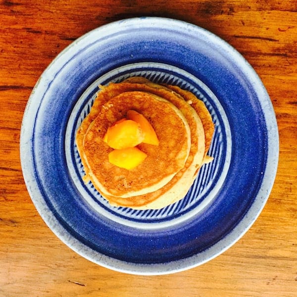 Easy Cinna Bon Bon Pancakes with Peaches. They taste a lot like cinnamon rolls.