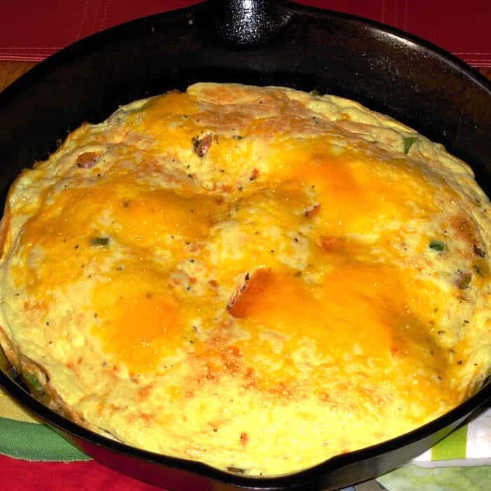 Delicious! Beautiful! South Beach Cheesy Frittata in a cast iron skillet.