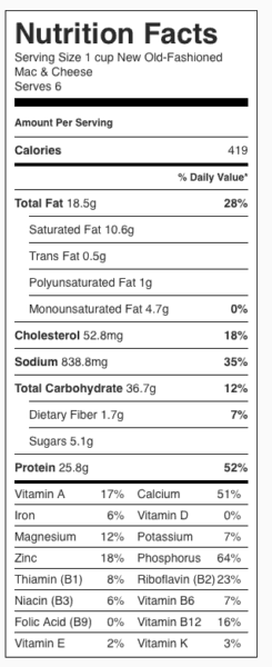 New Old-Fashioned Mac & Cheese Nutrition Label. Each serving is about 1 cup.
