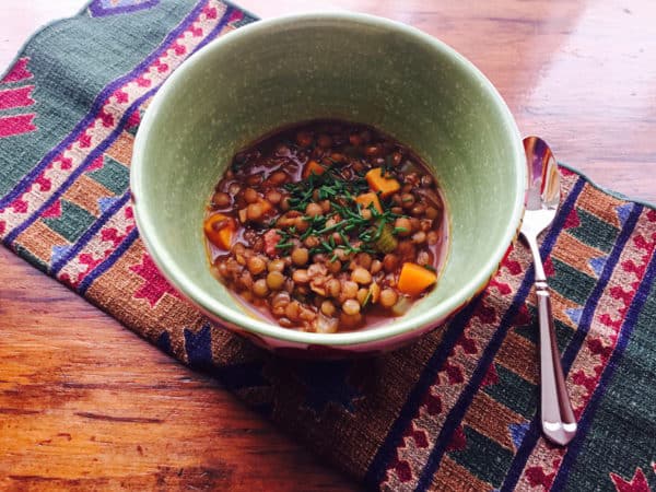 Mental Lentil Soup. Good peasant food. Beautiful linen by Diana Arthur Leetch.