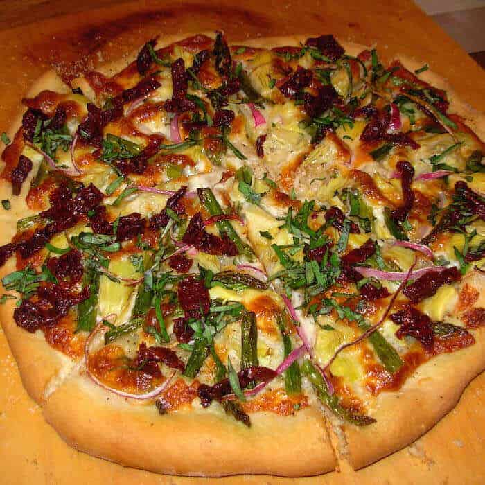California Pizza with Asparagus, Artichokes & Sun Dried Tomatoes.