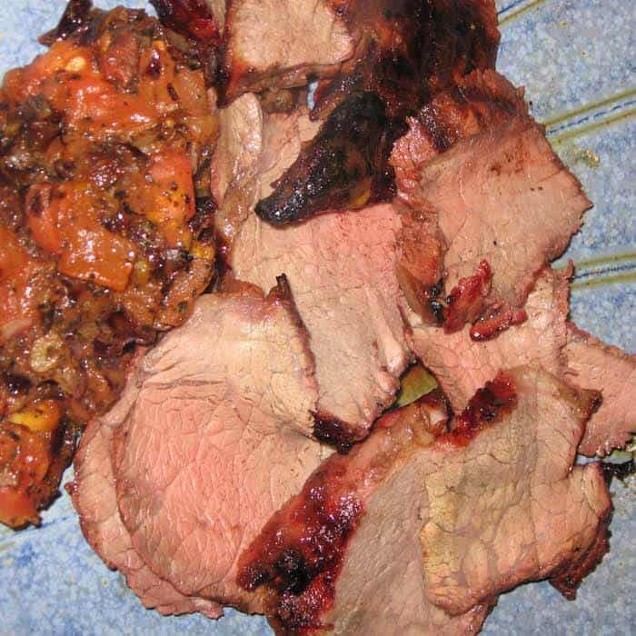 Grilled Sirloin is a tender cut, and so good, topped with Grilled Tomato Relish.