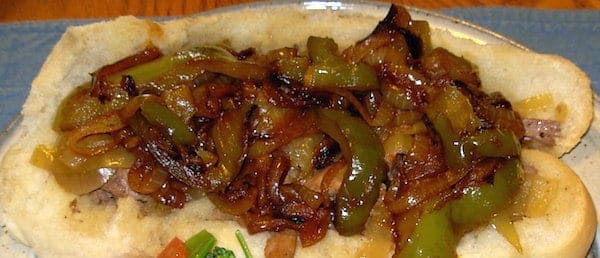 Chicago Style Italian Beef Slow Cooker Sandwich with Grilled Peppers and Onions