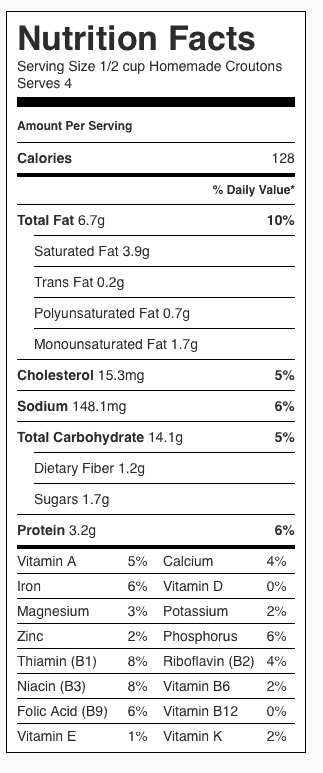Homemade Croutons Nutrition Label. Each serving is about ½ cup or 1 slice of bread.