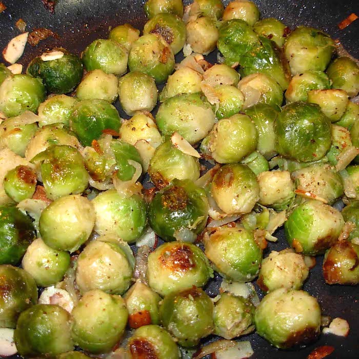 Brussels Sprouts Almandine are sautéed to add some caramelization.