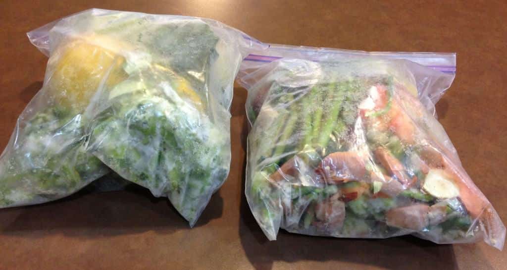 Left over pieces of vegetables waiting to be made into Homemade Vegetable Stock. (This is what I have right now in my freezer to make into Vegetable Stock.)
