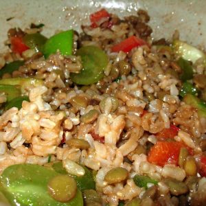 Lentil, Rice and Fruit Salad, originally a Moosewood recipe, is super good.