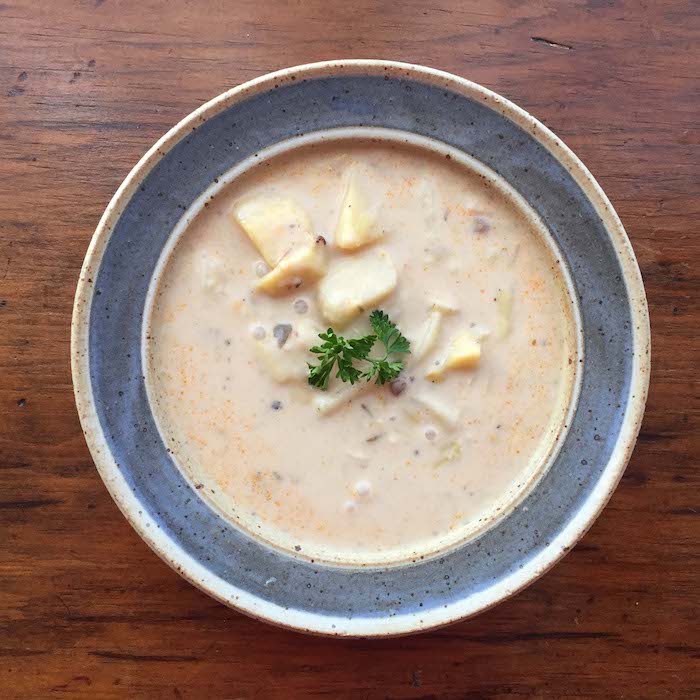 Leek Potato Sausage Soup is a dairy free, creamy soup. Beautiful bowl by Elizabeth Krome at Quail Run Pottery, Toano, VA.