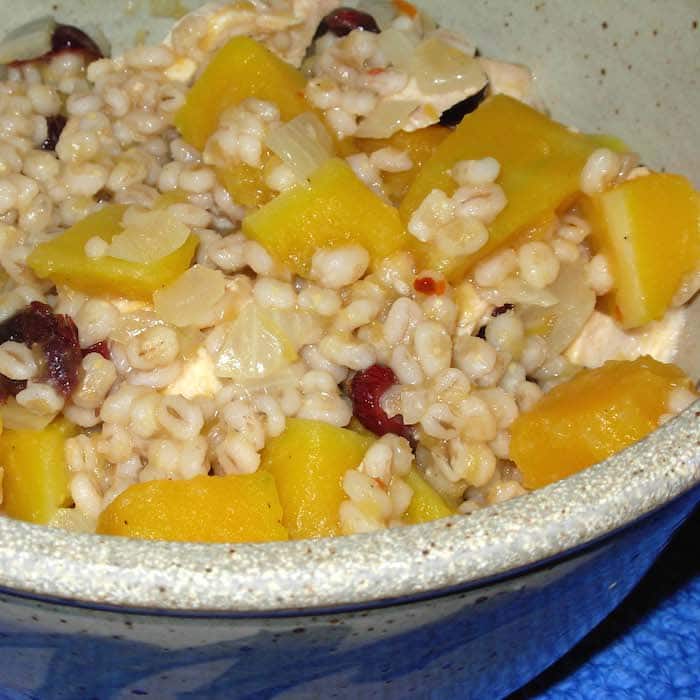 Leftover chicken, mixed with pearl barley and roasted butternut squash, is a delight.