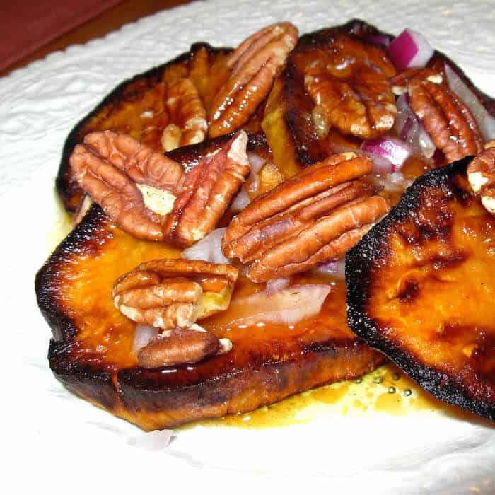 Sweet Potato, Onion, Pecan Salad topped by Molasses Honey Vinaigrette