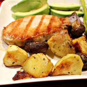 Roasted Potatoes and Mushrooms are an excellent accompaniment to grilled meat. Or skip the meat and add a salad for a vegan feast.