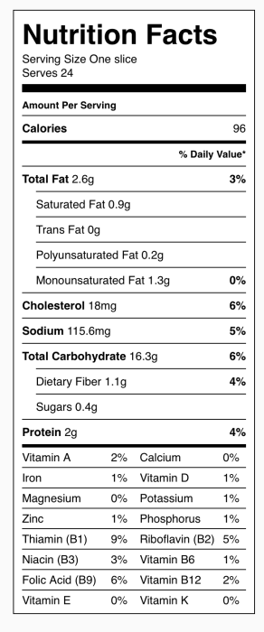 Gluten Free French Bread Nutrition Label. Each serving is one slice of bread. Recipe serves 24.