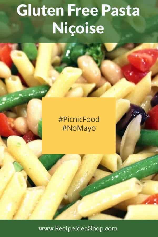 Gluten Free Pasta Niçoise. Super yum. No mayo! Great picnic food. #glutenfreepastaniçoise #pastarecipes #maindishsalads #picnicfood #comfortfood #glutenfree #recipes #recipeideashop