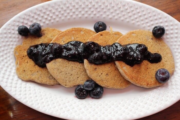 Gluten Free Buckwheat Pancakes with Blueberry Compote.