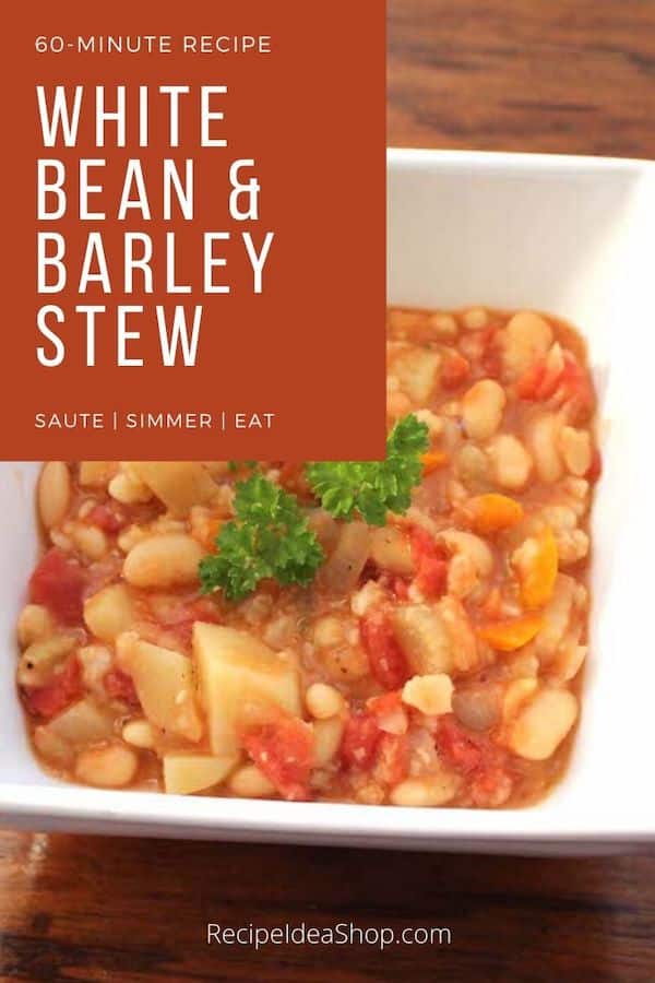 Oh yum! White Bean and Barley Stew. Easy comfort food. #whitebeanandbarleystew #whitebeansoup #stew #souprecipes #recipes #vegan #glutenfree #recipeideashop