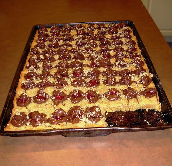 A pan of Chocolate Cherry Squares before plating.