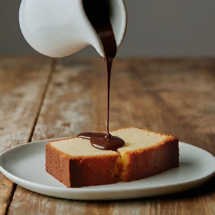 chocolate sauce on pound cake