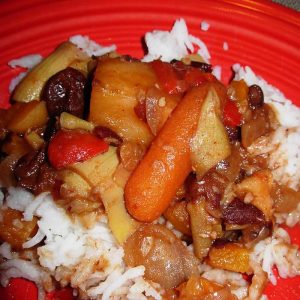 Spicy Vegetarian Stew tastes terrific over rice.