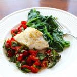 Isn't this Sautéed Cod Fish with Tomato Basil Chutney and Sautéed Spinach pretty?