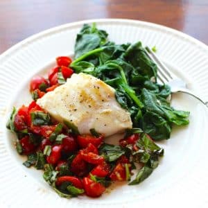 Isn't this Sautéed Cod Fish with Tomato Basil Chutney and Sautéed Spinach pretty?