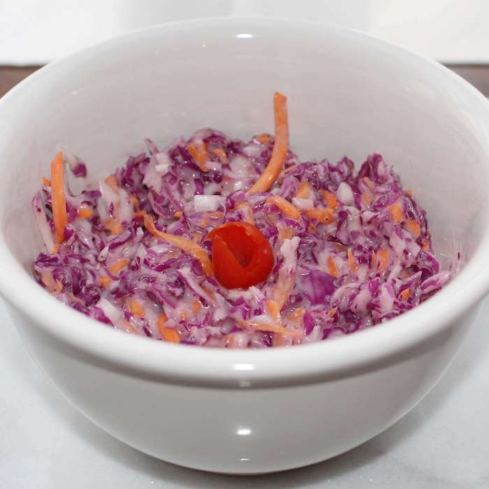Coleslaw made with purple cabbage.