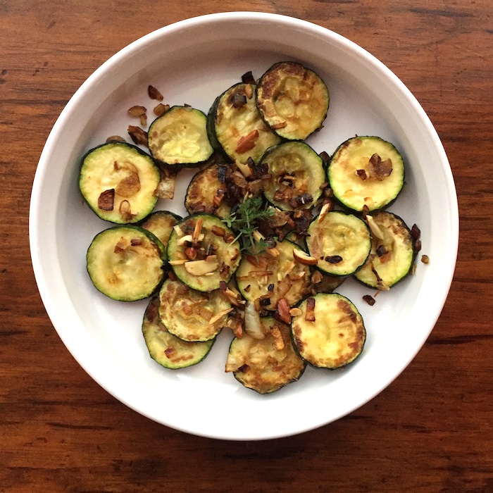 Zucchini Caramelized Onions and Almonds, a simple dish.