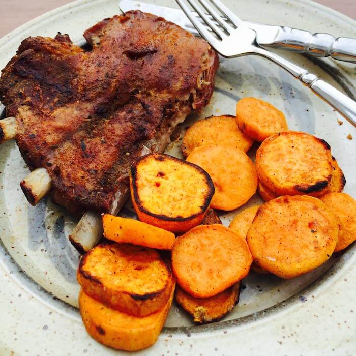 Grilled Sweet Potato Medallions, shown with Dry Rub Ribs, are scrumptious.