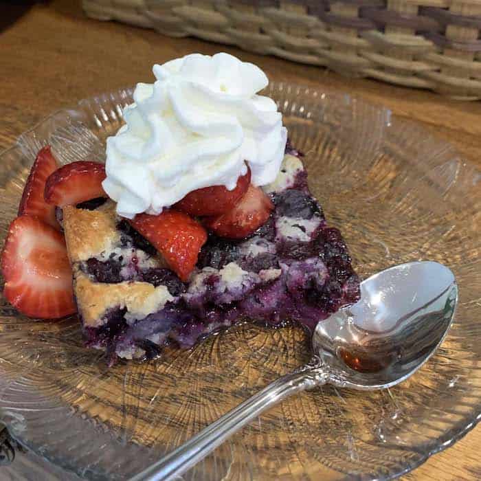 Blueberry Cobbler with Strawberries on top is a wonderful dessert for the 4th of July! Photo courtesy of Elizabeth Cottrell.