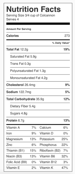 Colcannon Nutrition Label. Each serving is about 3/4 cup.