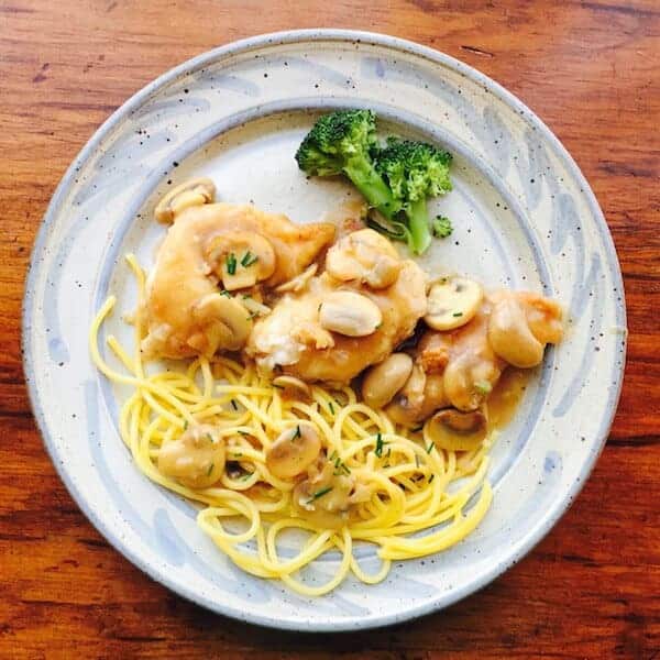 Easy Chicken Marsala. Plate by Elizabeth Krome, potter. This Easy Chicken Marsala is my best Chicken Marsala recipe. I love it and I think you will, too. #easychickenmarsala, #chickenmarsalarecipe, #recipeideashop