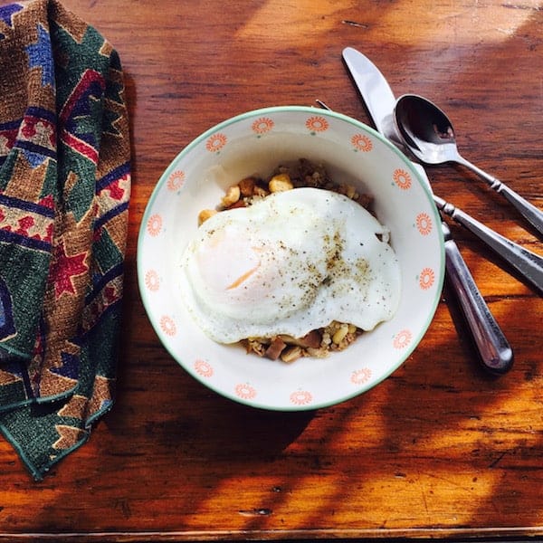 Eggplant Chickpea Spiced Quinoa with a Fried Egg on Top