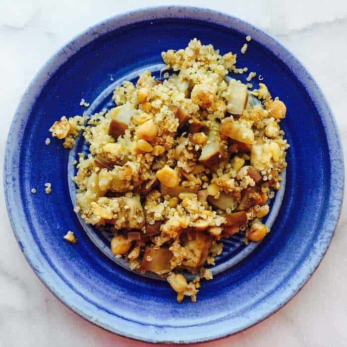 Eggplant Chickpea Spiced Quinoa good alone or with an egg on top.
