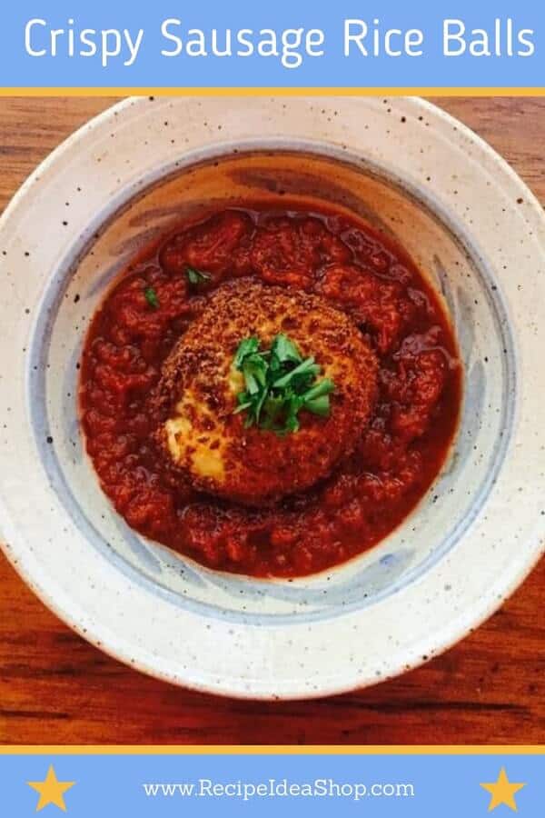Crispy Sausage Rice Balls in Pasta Sauce.Yum! #crispysausagericeballs #leftoverrice #ricerecipes #sausagericeballs #riceballs #crispyrice #italianrecipes #glutenfree #recipes #recipeideashop