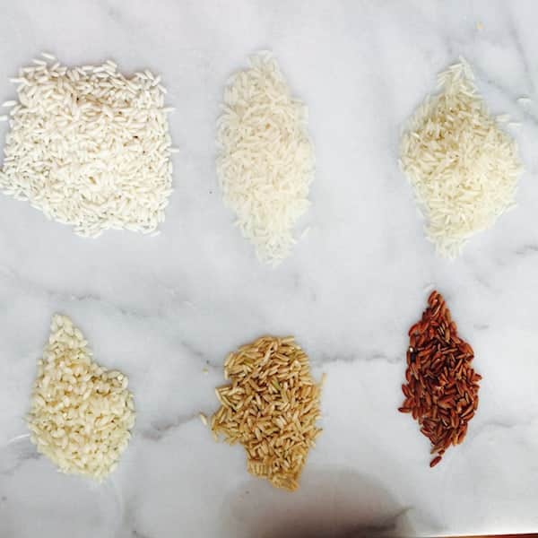 Six small piles of different types of rice, including sticky rice, are arranged in two rows on a white marble surface. The rice varies in color and shape, ranging from white and off-white to brown and red varieties.