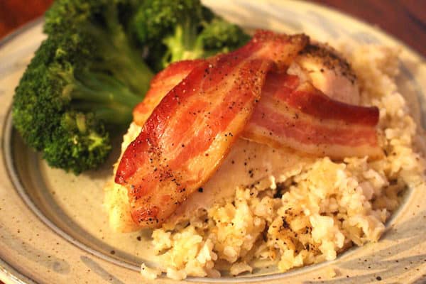 Baked Bacon Wrapped Chicken with Brown Rice and Broccoli