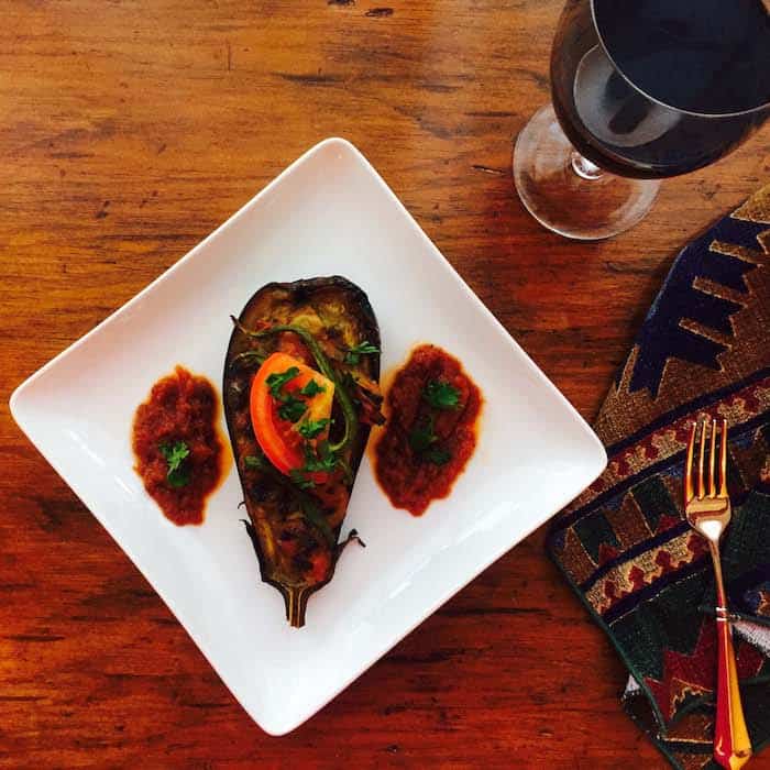 Stuffed with vegetables, this baked eggplant is delish!