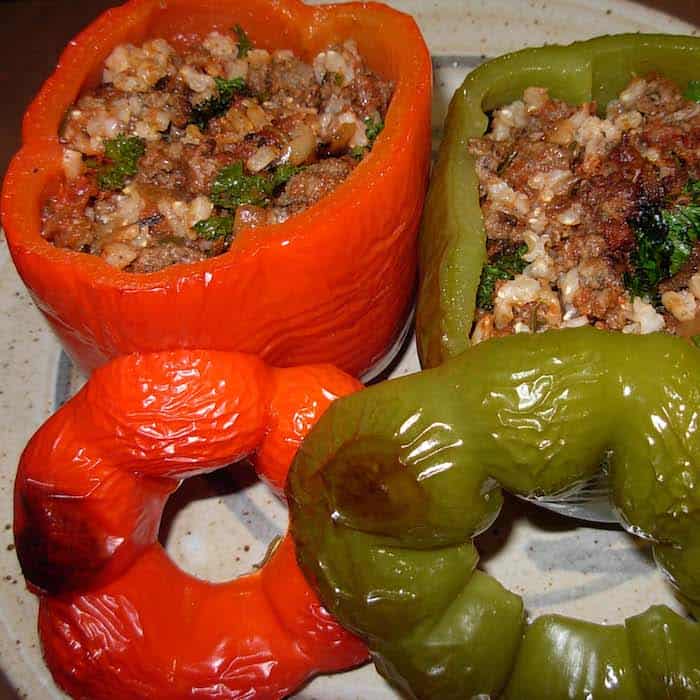 Stuffed Peppers, with sliced tops. Easy, tasty meal.