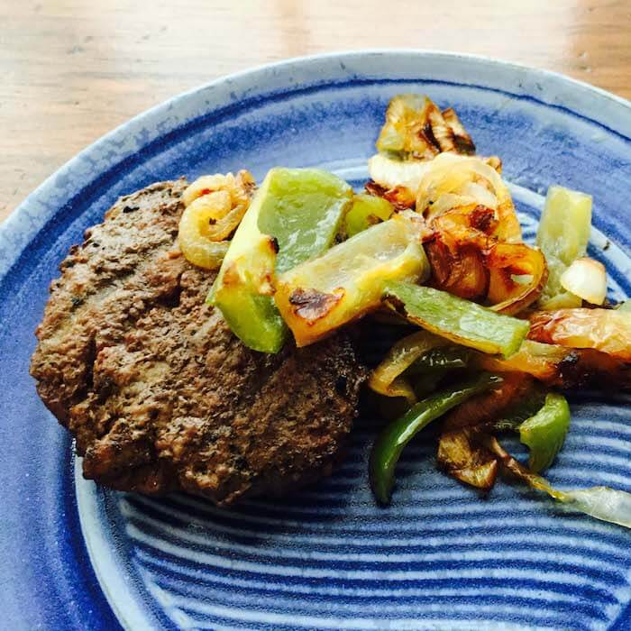 Grilled Hamburger with Grilled Onions and Peppers. Yum. Plate by Elizabeth Krome at Quail Run Pottery.
