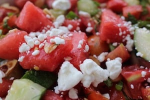 Watermelon Cucumber Mint Salad with Tomatoes, Feta and Almonds