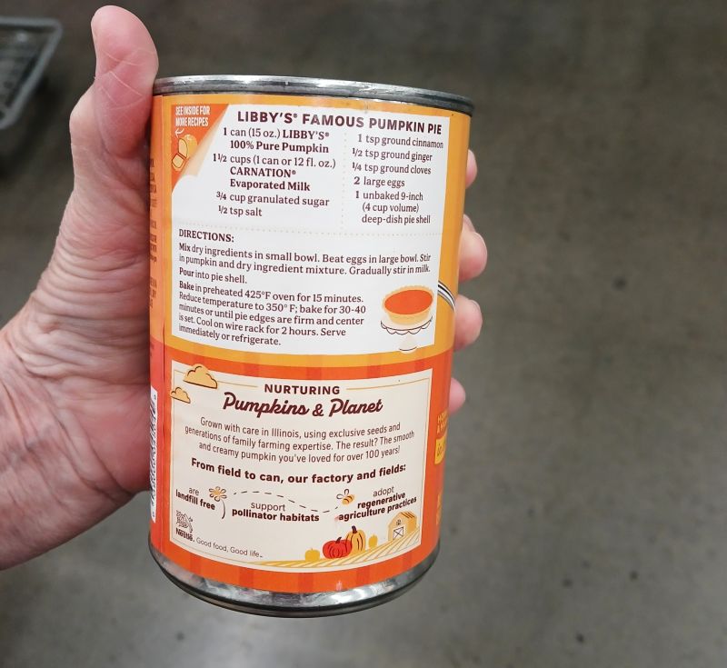 Libby's famous pumpkin pie recipe is on the back of the can