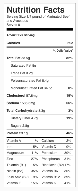 Marinated Beef and Avocado Nutrition Label. Each serving is about ¼ pound of beef and ¼ of an avocado.