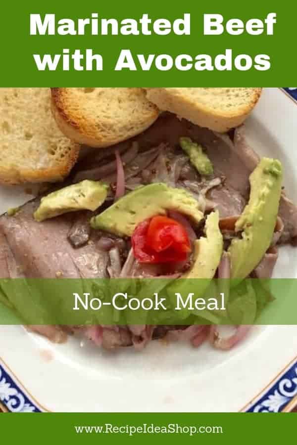 What's better than a no-cook meal? This Marinated Beef with Avocados and Onions is SO good. But you have to marinate it for a few hours. #marinatedbeefandavocados; #marinatedbeef; #marinatedroastbeef; #recipes; #glutenfree; #dairyfree; #icancook; #recipeideashop