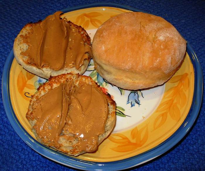 Don's Homemade English Muffins are amazing topped with peanut butter, fresh from the oven.