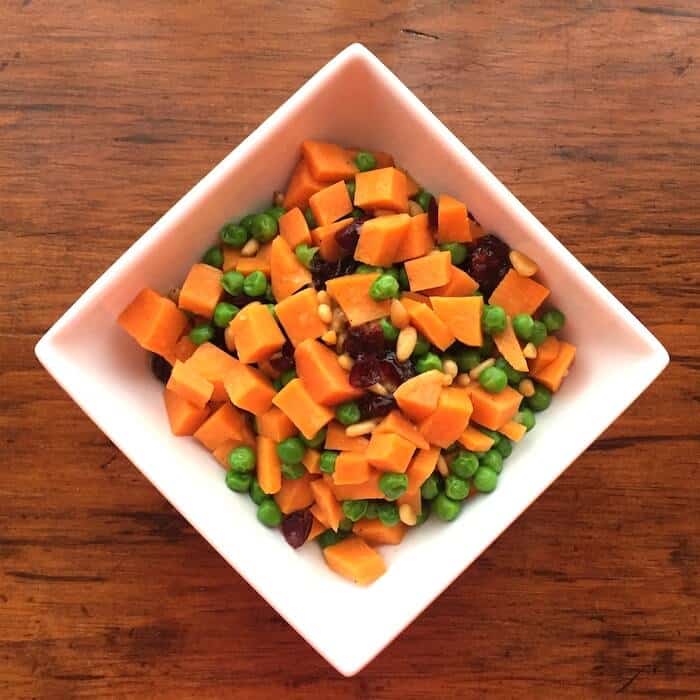 Sweet Potato Pine Nut Pea Salad with Orange Vinaigrette