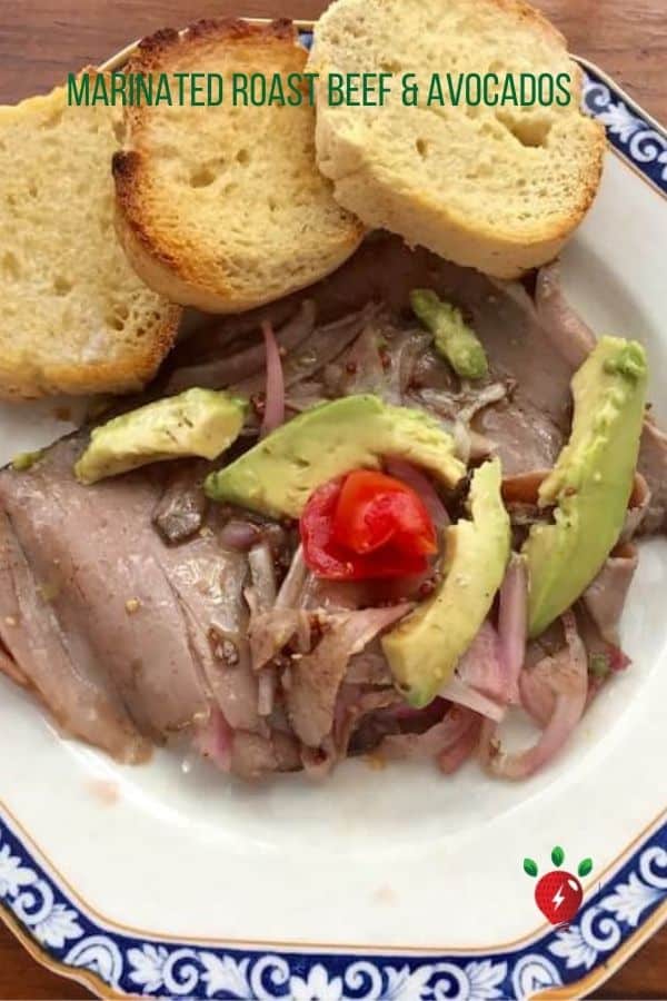 Perfect picnic food. No cooking! Marinated Beef with Avocados is layered, drenched in dressing, and refrigerated for 4 hours or more. Elegant fare! #MarinatedBeefWithAvocados #Beef #PicnicFood #Recipes #GlutenFree #RecipeIdeaShop