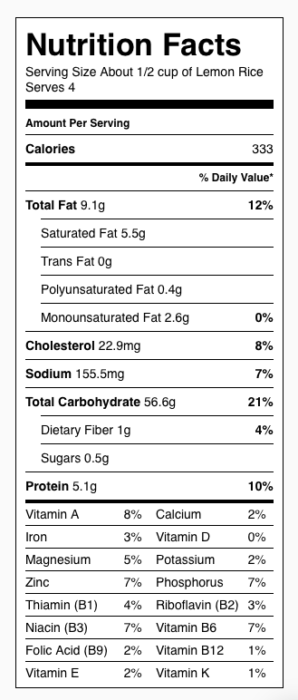 Lemon Rice Nutrition Label. Each serving is about ½ cup rice.