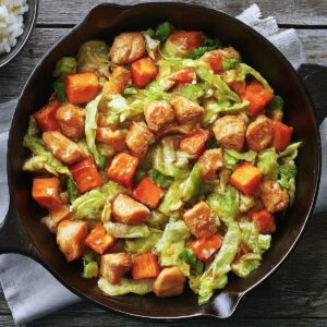 chicken, cabbage, and sweet potato stir fry