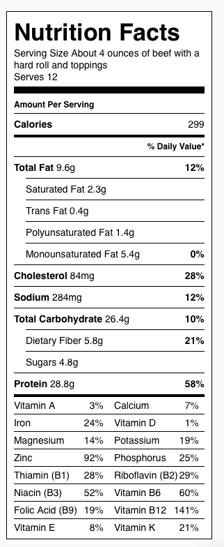 Chicago Style Italian Beef Slow Cooker Sandwich Nutrition Label. About 3 ounces shredded beef. Nutrition calculations includes one hoagie roll.