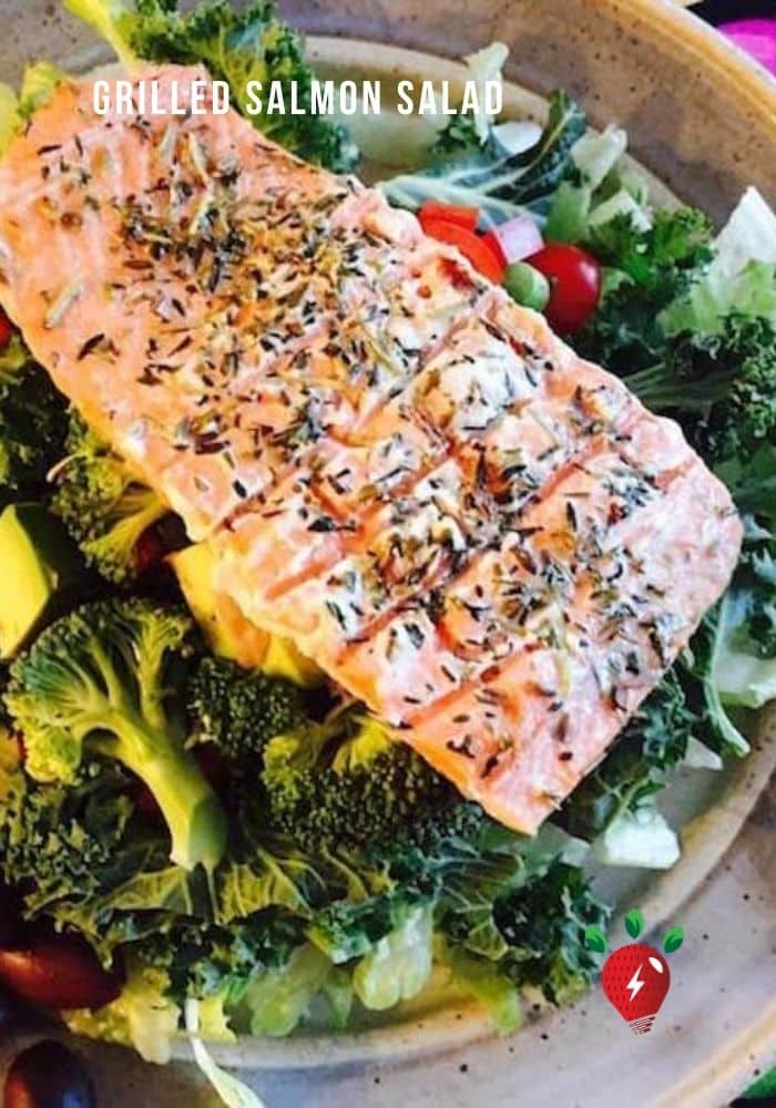 Grilled Salmon Salad. Light. Scrumptious. #GrilledSalmonSalad #GrilledSalmon #SaladRecipes #Recipes #GlutenFree #DairyFree #HealthyTwist #RecipeIdeaShop