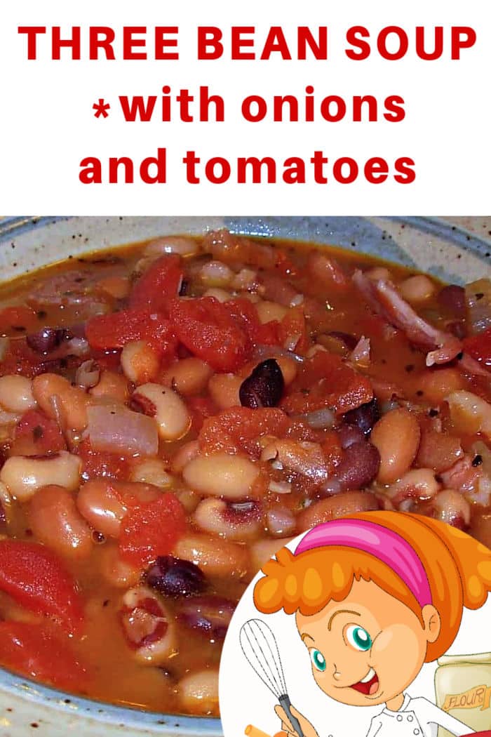 three bean soup with onion and tomatoes